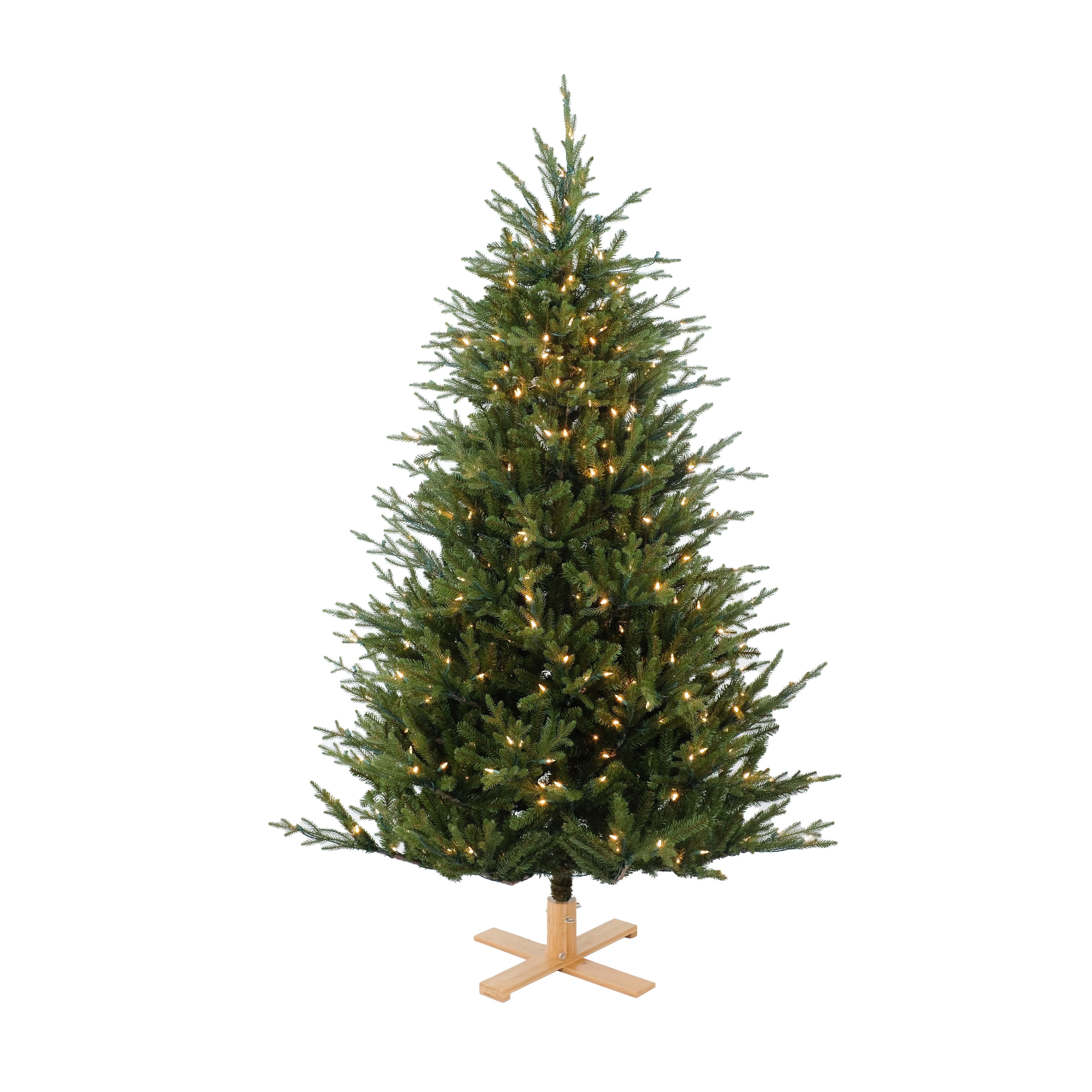 Kunstkerstboom - Levensechte dennenlook, subtiel verlicht, met houten voet | 213 cm - 450 Lampjes