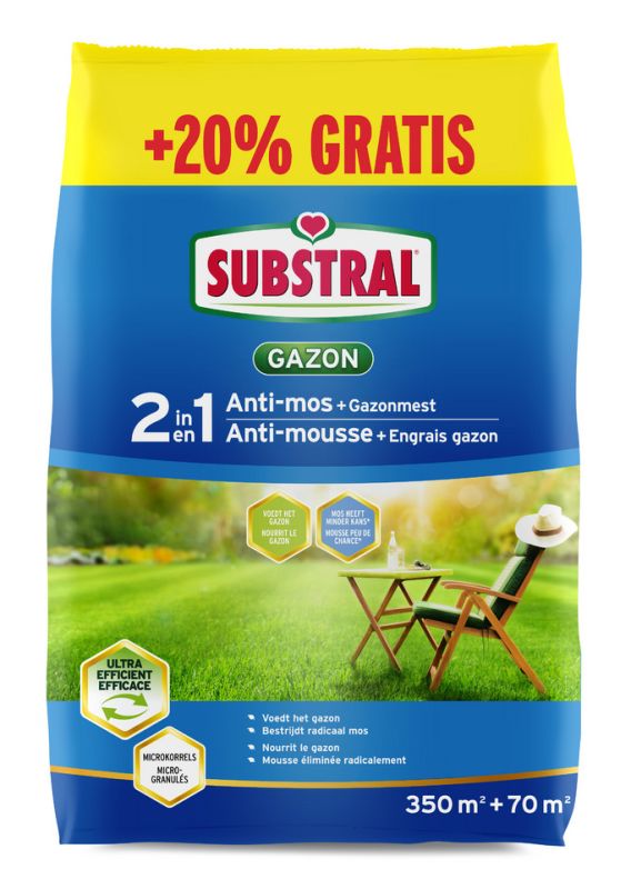 Substral Gazon 2in1 Anti-mos + Gazonmest: Voedt het gazon en bestrijdt mos voor een gezond en groen gazon. Nu met 20% extra gratis (350m² + 70m²)